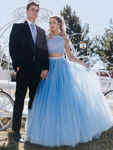 Gorgeous Beading Off-the-Shoulder Tulle Sleeveless Long Two Piece Prom Dress