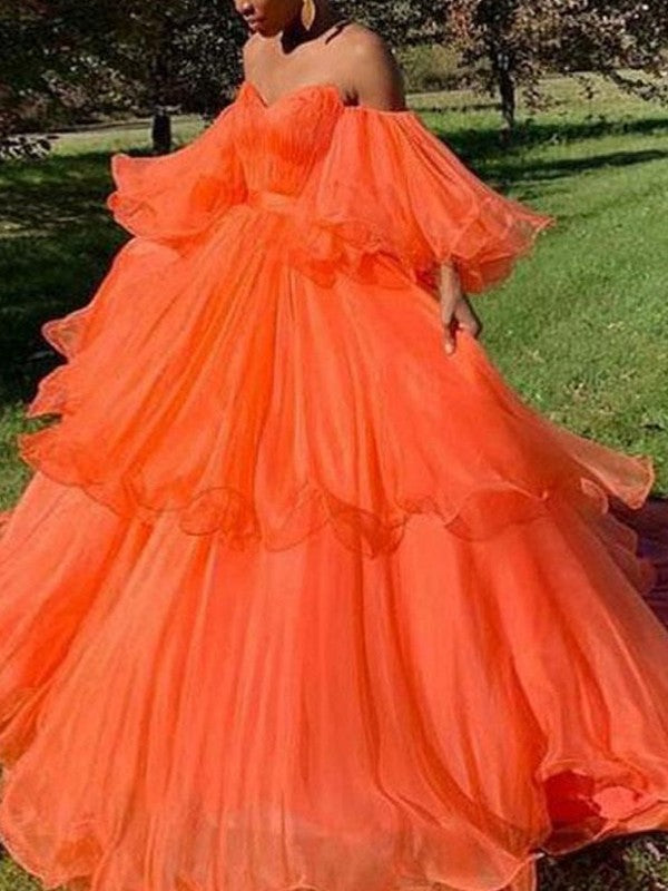 Gorgeous Off-the-Shoulder Organza Layers Long Sleeves  Prom Dress