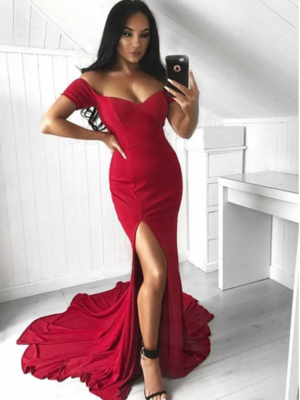 Chic Mermaid Off-the-Shoulder Satin Short Sleeves Ruffles  Prom Dress