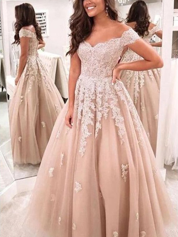 Elegant Tulle Ball Dress Appliques Off-the-Shoulder Sleeveless Long Prom Dress