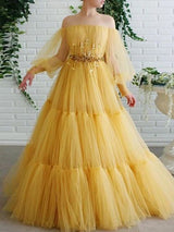 Gorgeous Tulle Beading Off-the-Shoulder Long Sleeves Long Prom Dress