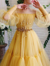 Gorgeous Tulle Beading Off-the-Shoulder Long Sleeves Long Prom Dress