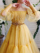 Gorgeous Tulle Beading Off-the-Shoulder Long Sleeves Long Prom Dress