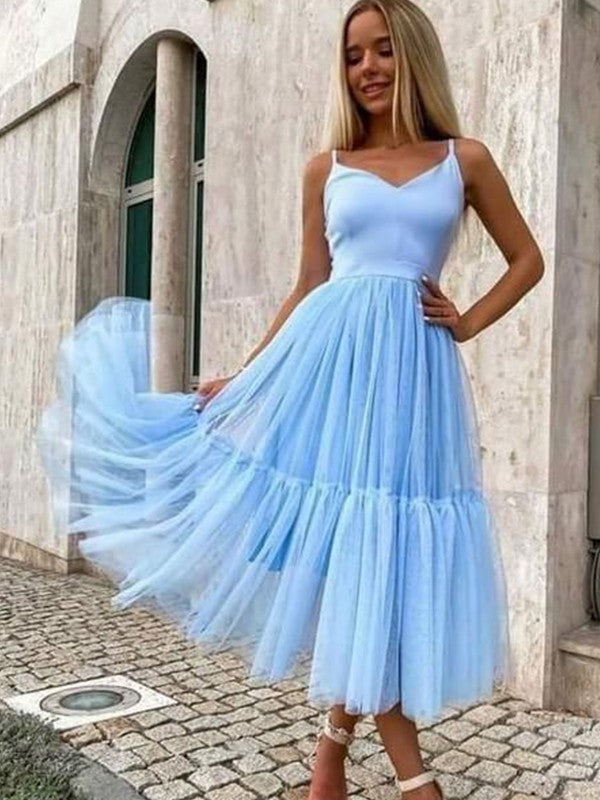 Gorgeous Tulle Ruffles V-neck Sleeveless Tea-Length Homecoming Dress