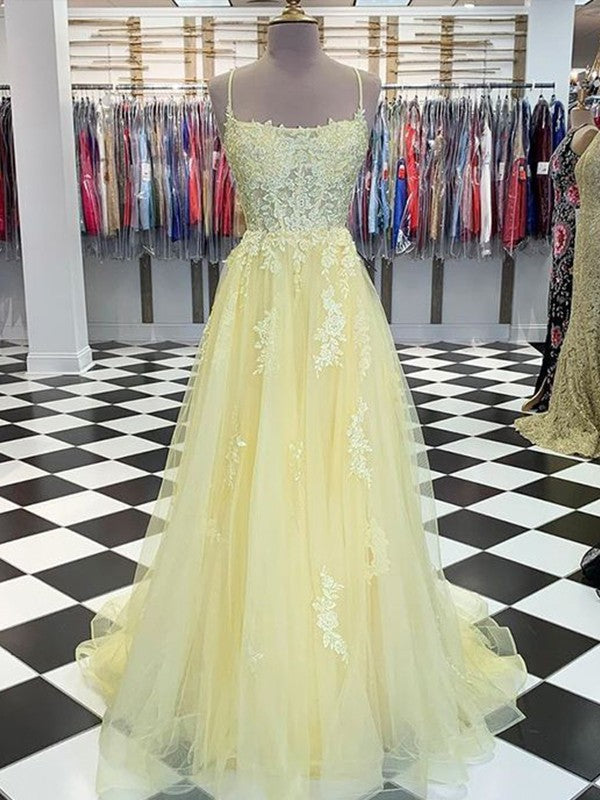 Elegant Tulle Ball Dress Appliques Spaghetti-Straps Sleeveless  Prom Dress