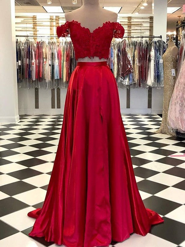 Gorgeous Elastic Woven Satin With Appliques Off-the-Shoulder Sleeveless  Two Piece Prom Dress