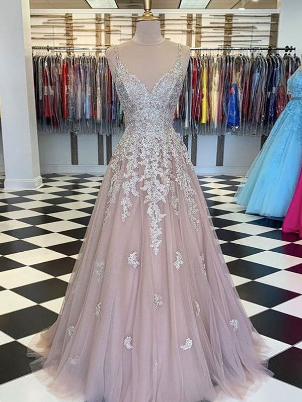 Elegant Tulle Ball Dress Appliques Sleeveless  Prom Dress V-Neck Online