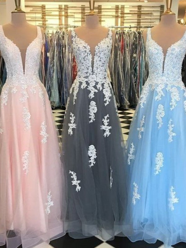 Elegant Tulle Ball Dress V-neck Sleeveless Long Prom Dress Appliques