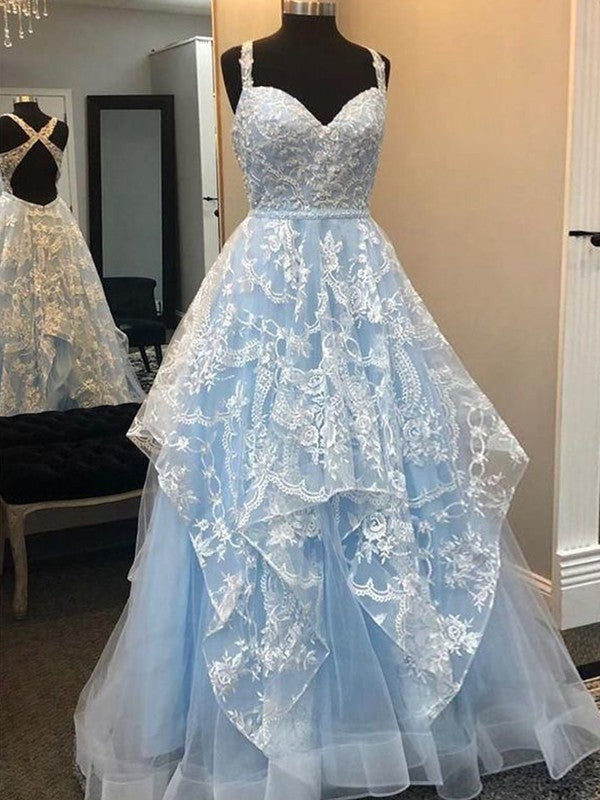 Gorgeous Lace Ruffles V-neck Sleeveless Long Prom Dress