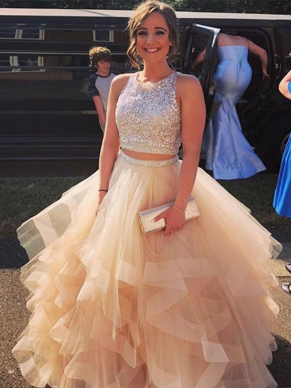 Gorgeous Tulle Beading Scoop Sleeveless Long Two Piece Prom Dress