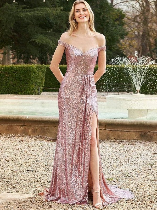 Shinning Sequins Ruffles Off-the-Shoulder Sleeveless  Prom Dress