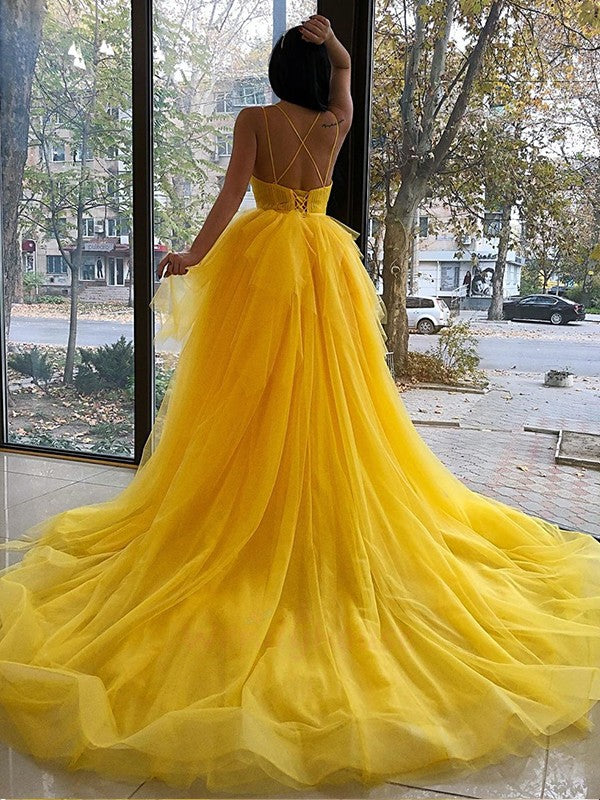 Gorgeous Tulle Ruffles V-neck Sleeveless Asymmetrical Prom Dress