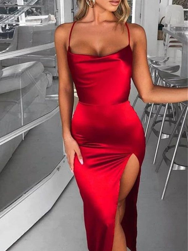 Beautiful Woven Satin Ruched Spaghetti-Straps Sleeveless Ankle-Length Prom Dress