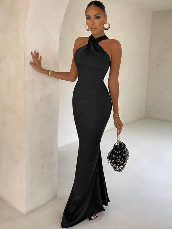 New Arrival Crepe Ruched Halter Sleeveless Long Prom Dress