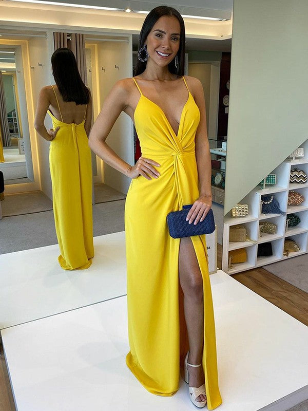 New Arrival Crepe Ruched V-neck Sleeveless Long Prom Dress