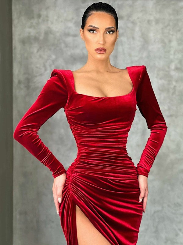 Fabulous Velvet Sheath Ruched Square Long Sleeves  Prom Dress