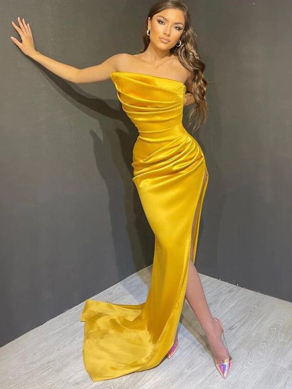 Designer Sheath Ruched Strapless Sleeveless  Prom Dress