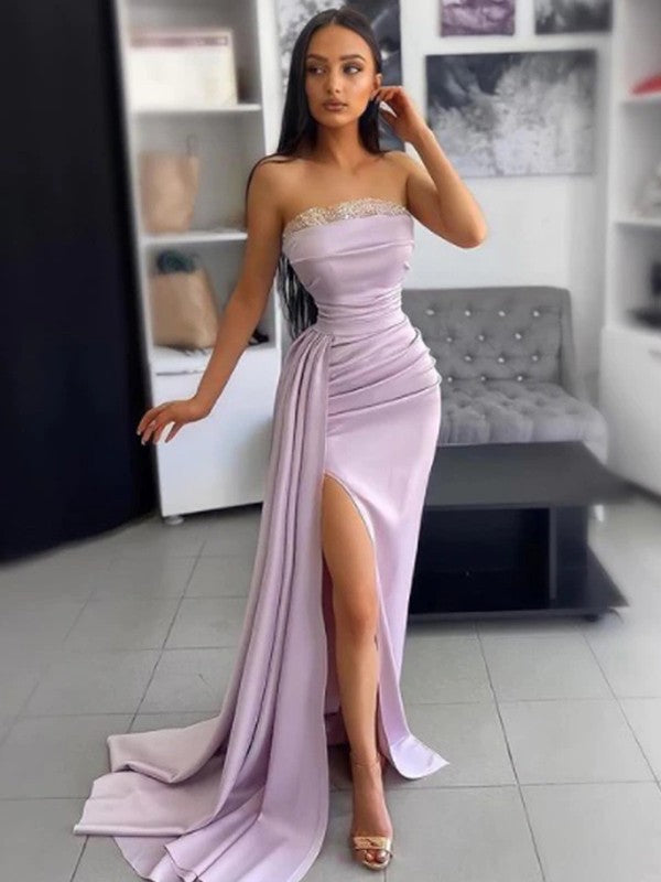 New Arrival Crepe Ruched Strapless Sleeveless  Prom Dress