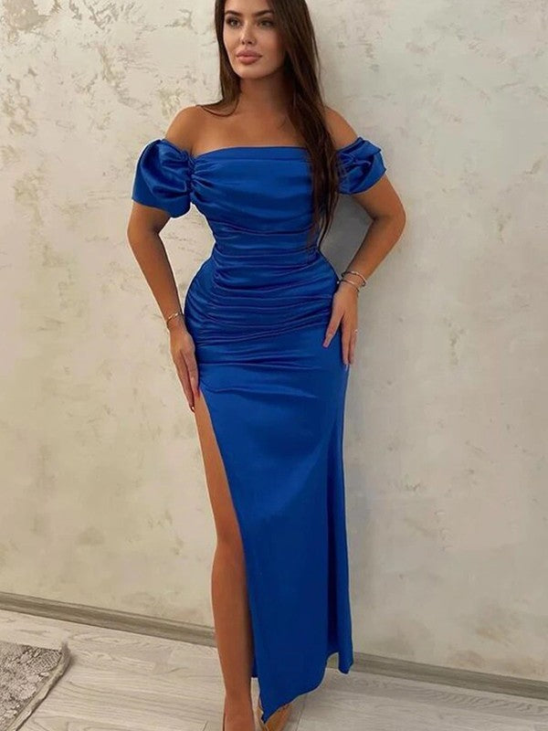 Beautiful Woven Satin Ruched Off-the-Shoulder Sleeveless Long Prom Dress