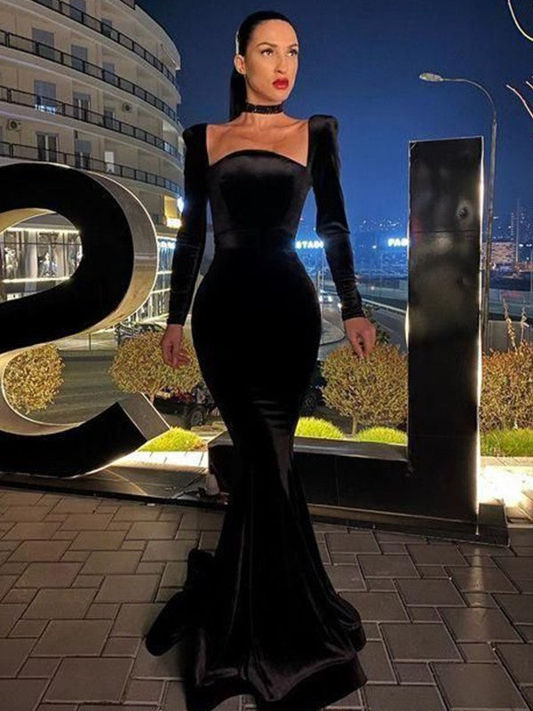 Fabulous Velvet Sheath Ruffles Square Long Sleeves  Prom Dress