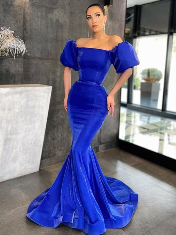 Chic Mermaid Satin Ruffles Off-the-Shoulder Short Sleeves  Prom Dress