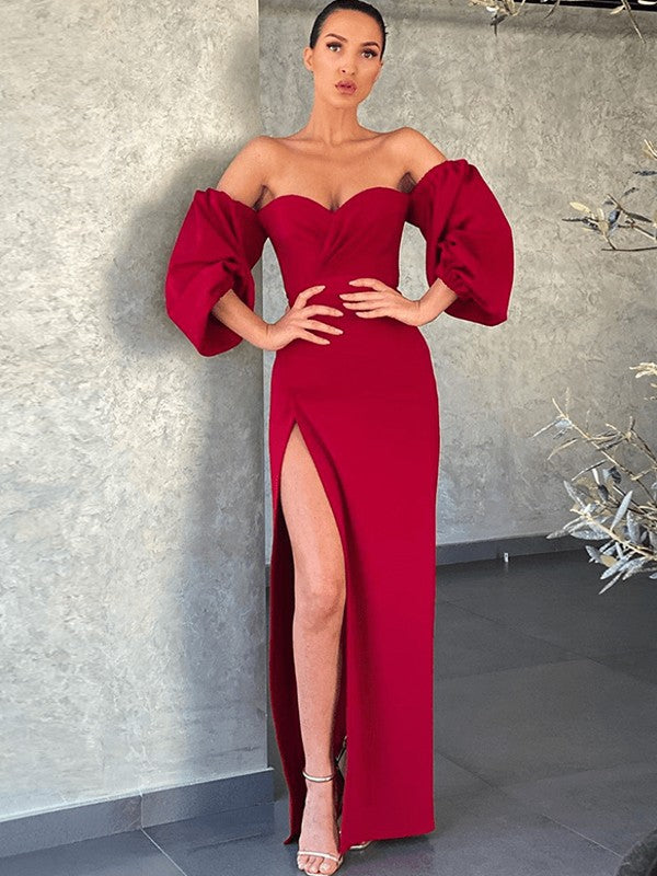 Designer Sheath Ruched Off-the-Shoulder 3/4 Sleeves Long Prom Dress