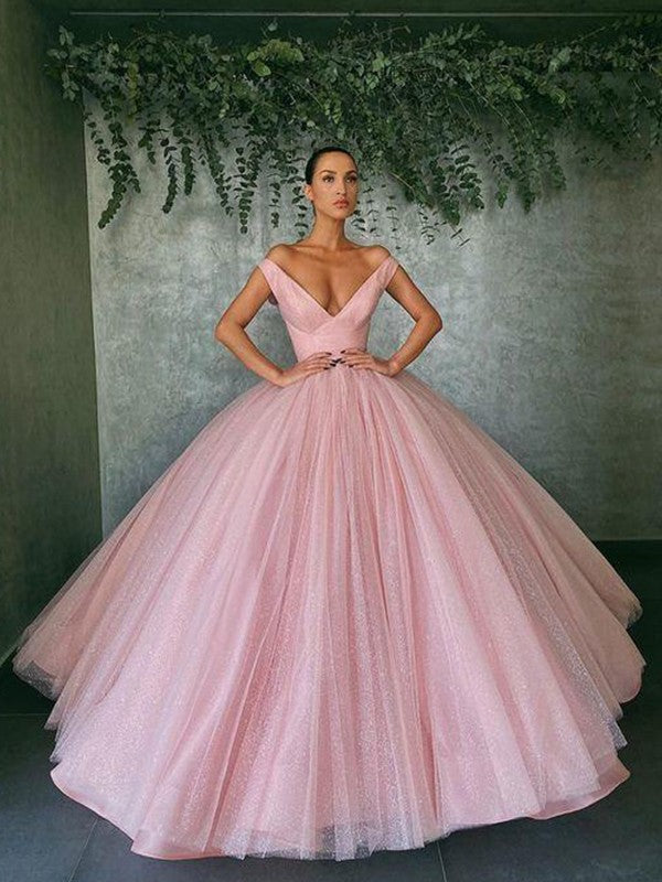 Ball Gown Tulle Ruffles Off-the-Shoulder Sleeveless Long Prom Dress