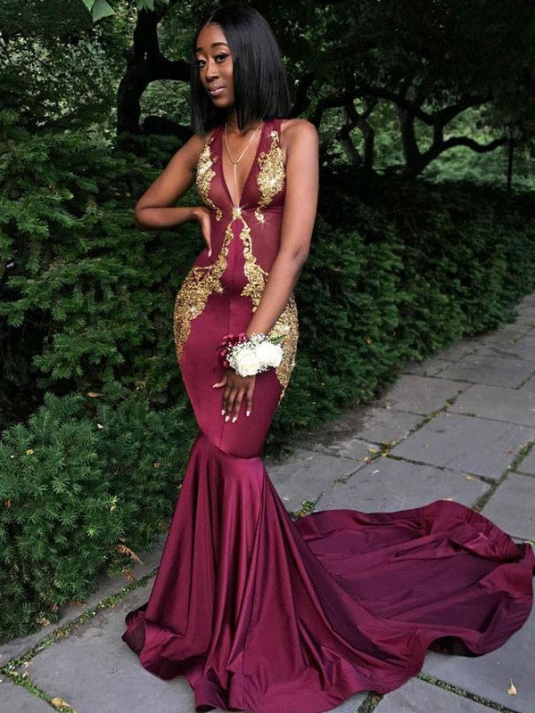 Chic Mermaid With Appliques V-neck Sleeveless  Prom Dress