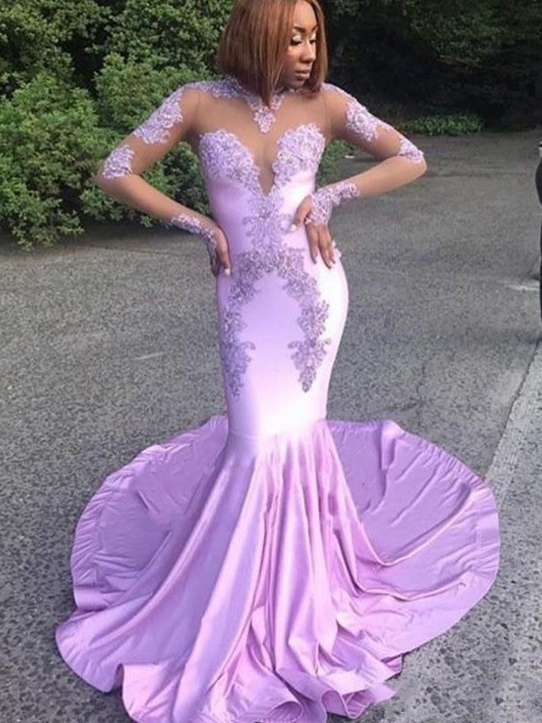 Chic Mermaid Satin With Appliques Scoop Long Sleeves  Prom Dress