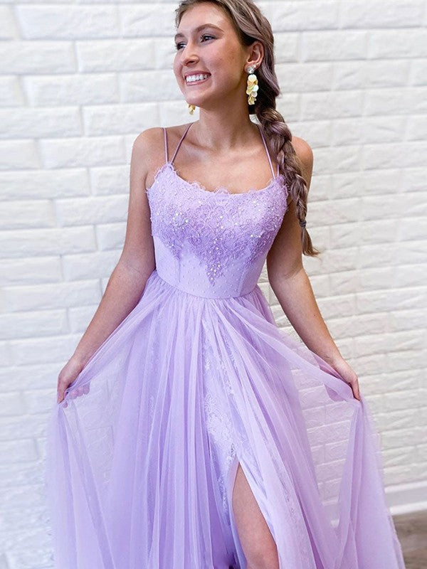 Gorgeous Tulle Lace Spaghetti-Straps Sleeveless  Prom Dress