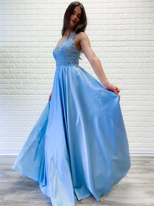 Gorgeous Satin Lace V-neck Sleeveless  Prom Dress