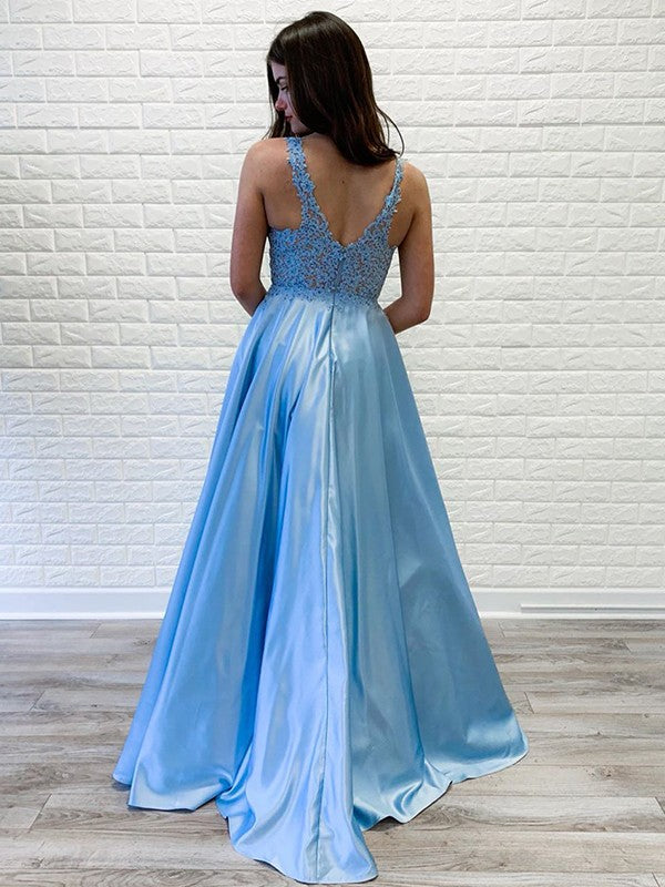 Gorgeous Satin Lace V-neck Sleeveless  Prom Dress