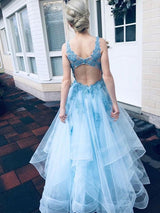 Elegant Tulle Ball Dress Appliques V-neck Sleeveless Long Prom Dress