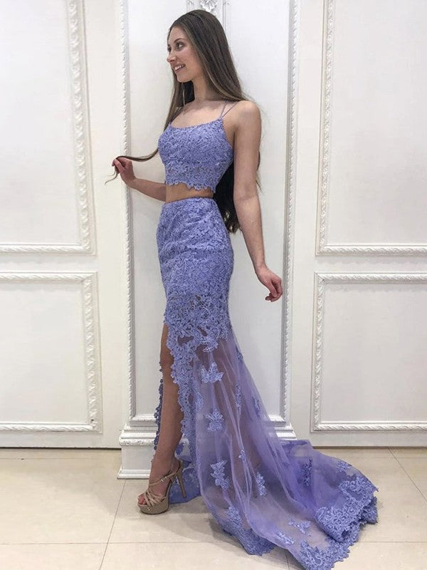 SheathLace With Appliques Spaghetti-Straps Sleeveless  Two Piece Prom Dress