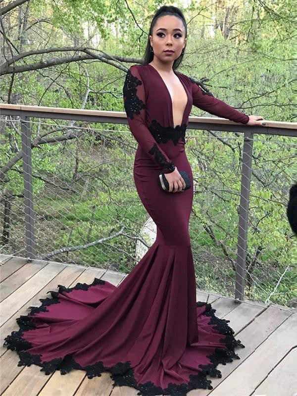 Chic Mermaid Satin With Appliques V-neck Long Sleeves  Prom Dress