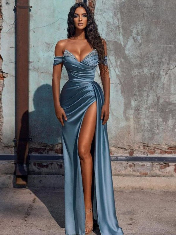 Beautiful Woven Satin Ruched Off-the-Shoulder Sleeveless  Prom Dress