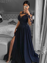 Gorgeous Satin With Appliques Scoop Long Sleeves  Prom Dress