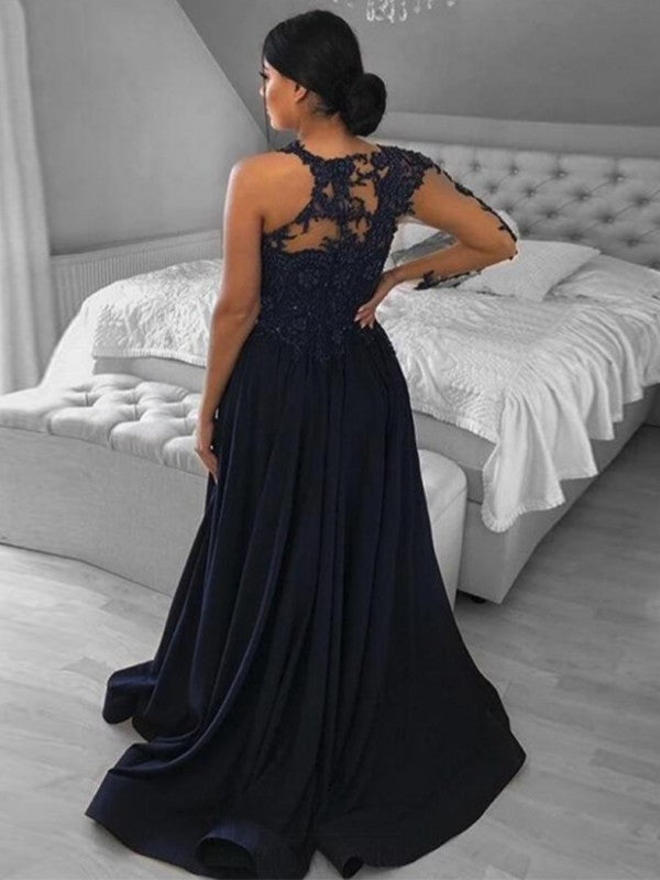 Gorgeous Satin With Appliques Scoop Long Sleeves  Prom Dress