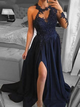 Gorgeous Satin With Appliques Scoop Long Sleeves  Prom Dress