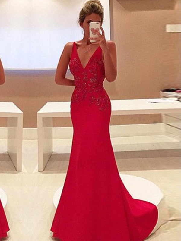 Elegant V-Neck Sleeveless  With Appliques Stretch Crepe Prom Dress