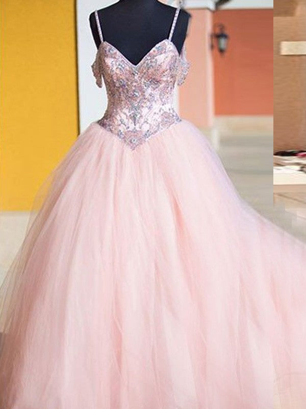 Ball Gown Sleeveless Spaghetti-Straps Tulle Crystal Long Prom Dress