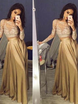 Gorgeous Long Sleeves Scoop Taffeta With Appliques Long Two Piece Prom Dress