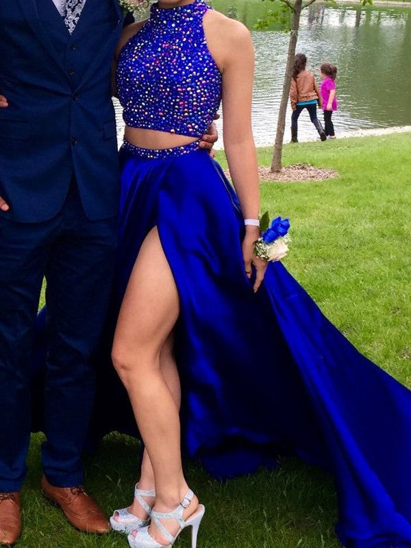 Sleeveless Amazing Satin Beading  Two Piece Prom Dress