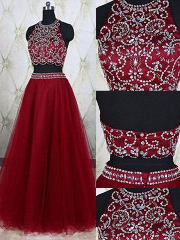 Sleeveless Amazing Jewel Tulle Beading Long Two Piece Prom Dress