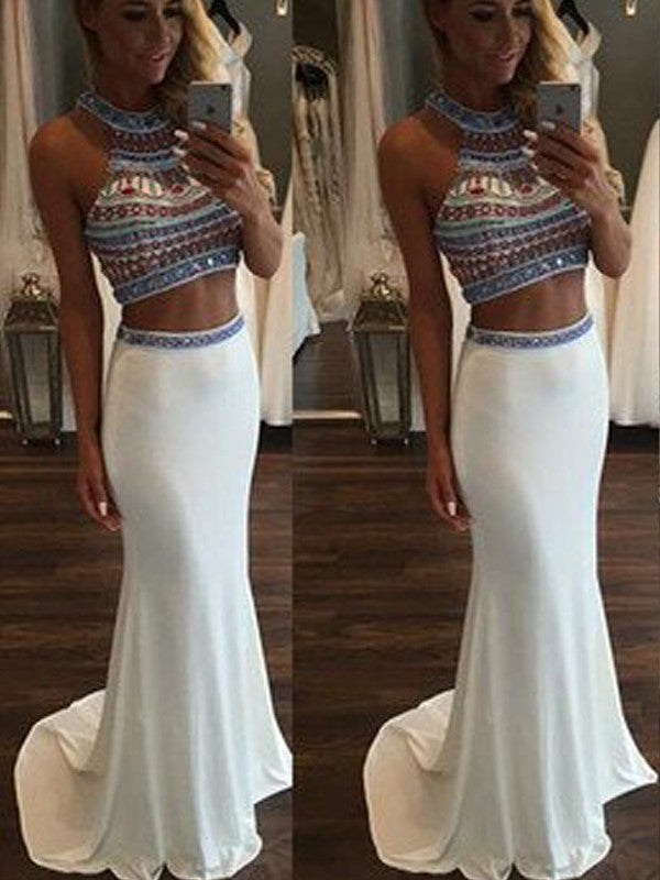 Beautiful Sleeveless Mermaid Halter Beading  Spandex Two Piece Prom Dress