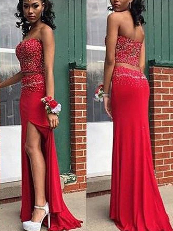 Sleeveless Sweetheart  Beading Satin Two Piece Prom Dress