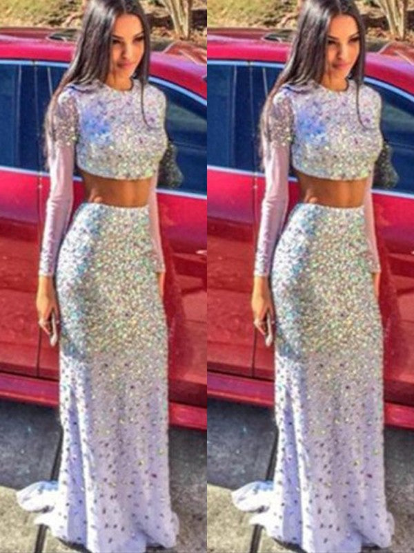 Chic Mermaid Long Sleeves Scoop Sequin  Chiffon Two Piece Prom Dress