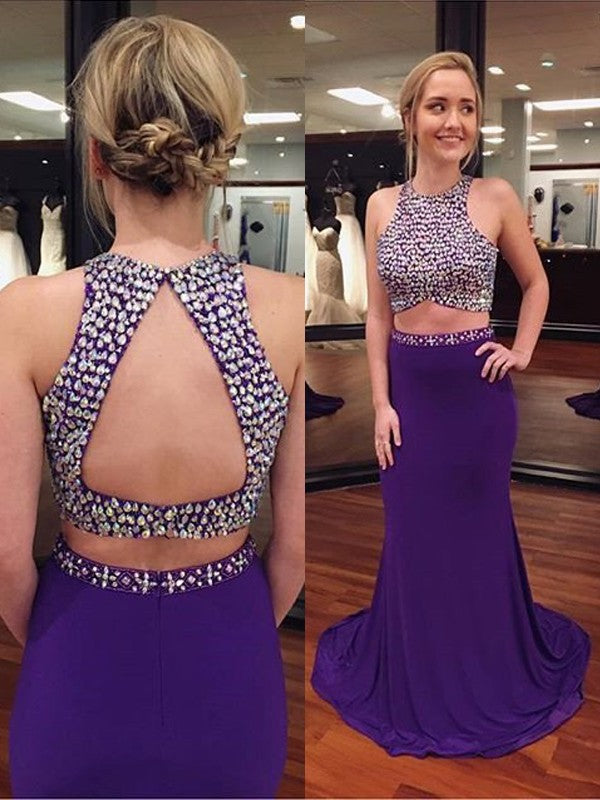 Sleeveless Scoop  Beading Satin Two Piece Prom Dress