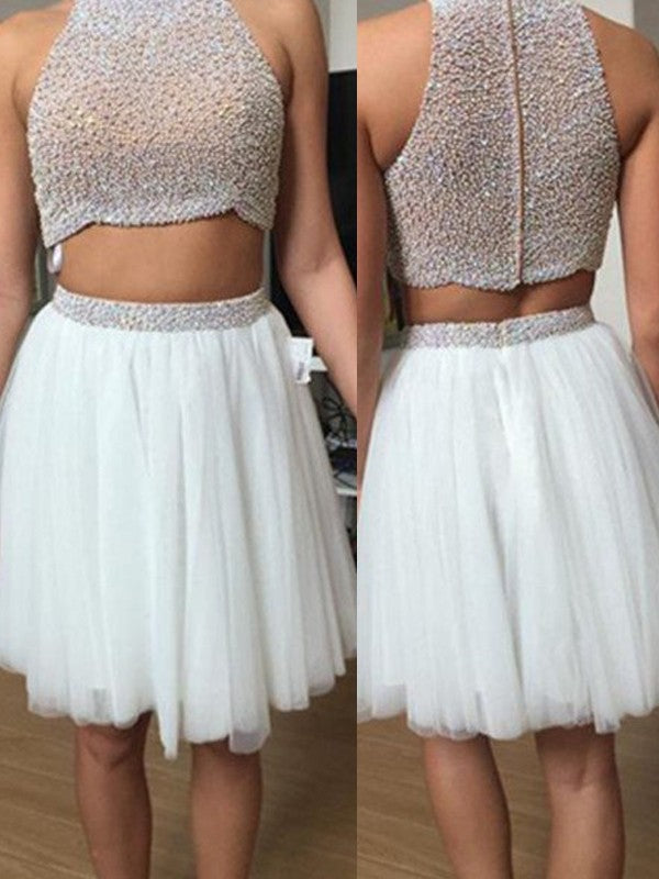 Sleeveless Amazing Tulle Beading Two Piece Prom Dress