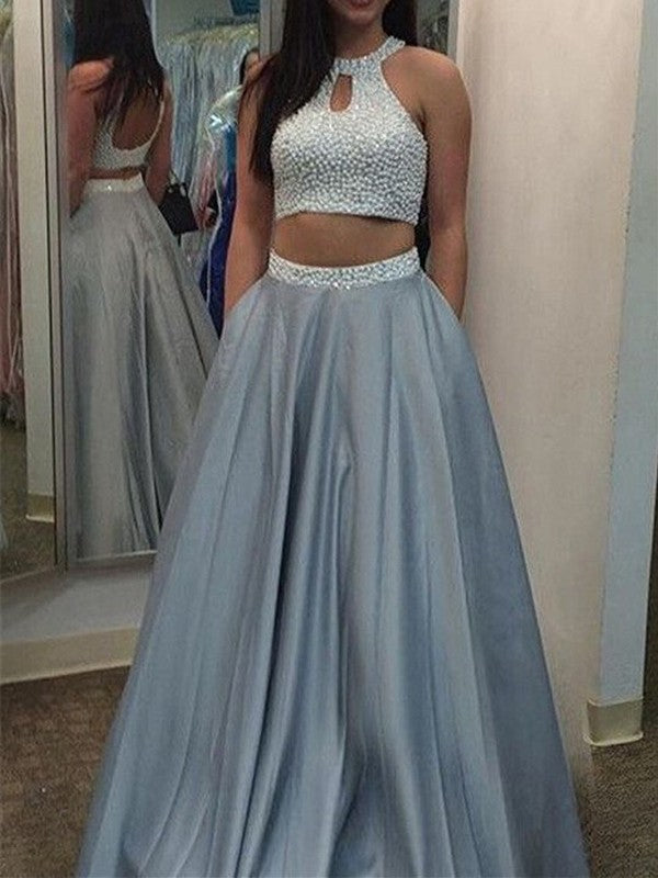 Sleeveless Amazing Halter Beading Satin Long Two Piece Prom Dress